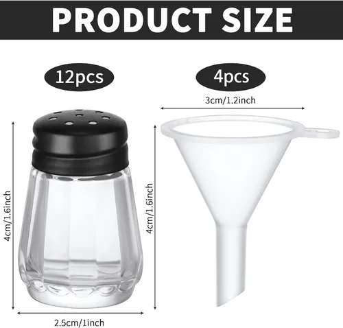 Vista 2 de Potchen 12 Piezas Mini Saleros y Pimenteros en Forma de Cubo a Granel 0.5 oz Pequeños Agitadores de Especias de Vidrio Cubo con Mini Embudos de Negro
