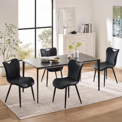 Vista 5 de Juego de 2 sillas de comedor tapizadas de cuero, modernas sillas de comedor de cocina de mediados de siglo con patas de metal negro, sillas