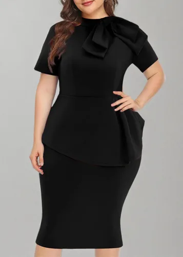 Vista 5 de Vestido de talla grande para mujeres con curvas, semiformal, vestido de cóctel, fiesta, vestido midi bodycon de manga corta con lazo y volantes
