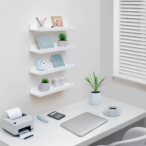 Vista 7 de Estantes festoneados, juego de 4 estantes flotantes blancos premontados de 15.6 pulgadas, estante festoneado para libros para habitaciones de niños