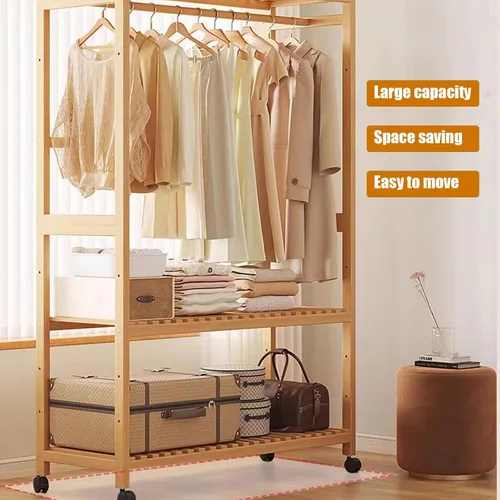 Vista 7 de 3-Tier Bamboo Clothes Rack - Stylish Garment Stand with Open Wardrobe Design & Storage Shelves for Bedroom, Living Room, Entryway - Space-Saving