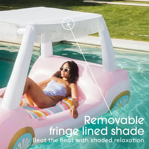 Vista 5 de FUNBOY Giant Inflatable Luxury Golf Cart Pool Float, Two Cup Holders, Removable Fringe Shade, Float for Summer Pool Party and Entertainment Carrito