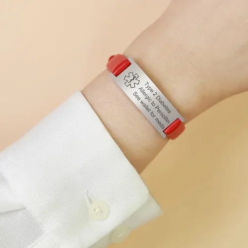 Vista 6 de MPRAINBOW Pulsera de alerta médica personalizada para mujer, correa de reloj de cuero genuino, grabado de doble cara, diabetes, epilepsia, joyería