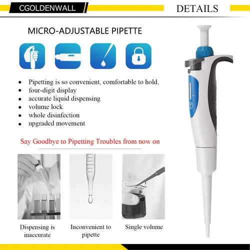 Vista 2 de CGOLDENWALL Lab Micropipeta manual ajustable pipeta pipeta pipeta de volumen ajustable y fijo, pantalla de un solo canal de cuatro dígitos