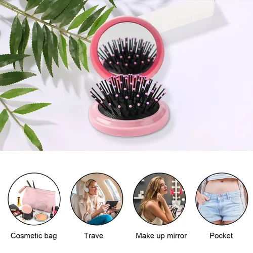 Vista 5 de 2 cepillos de pelo plegables para espejo de viaje, peine de pelo de bolsillo, cepillo de pelo con espejo, mini cepillo de pelo redondo para mujeres