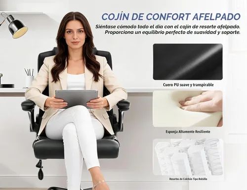 Vista 7 de Silla de oficina,Silla ejecutiva de escritorio para computadora,Negro Soporte lumbar inflable,Cuero PU suave,Reposabrazos