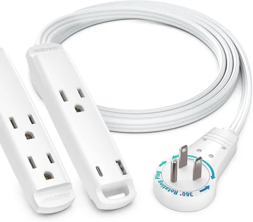 Vista 8 de Maximm Cable de extensión de 1 pie con puertos USB, enchufe plano giratorio 360, 3 salidas (2 puertos USB), conectado a tierra (negro)