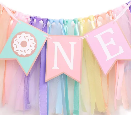Vista 6 de Cartel de cumpleaños de 1 a 2 años de edad – Cartel para silla alta de cumpleaños con tema de dona, un grupo de tutú de cinta de arco iris suave