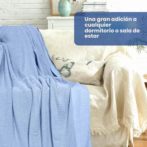Vista 5 de Linteum Textile Supply Manta de tejido leno azul, tamaño Queen 100% algodón, ligera, cálida, esponjosa, suave y duradera, manta de cama premium