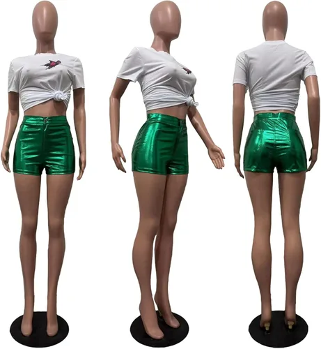 Vista 6 de KANSOON Pantalones cortos metálicos de piel sintética para mujer, cintura alta, brillantes, sexy, para rave, pantalones cortos