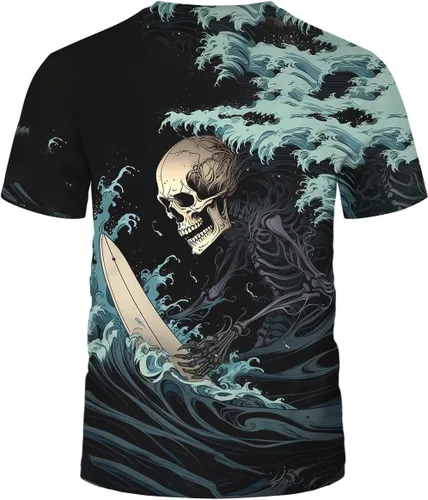 Vista 3 de Srcnhim Camisetas de manga corta para hombre con estampado 3D de calavera y olas geniales