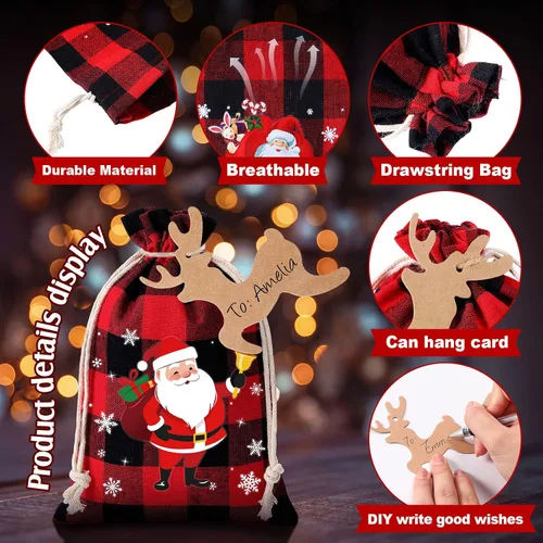 Vista 2 de Shappy 48 bolsas de Navidad con cordón, bolsas de arpillera a cuadros Buffalo de Navidad, bolsas de lino para golosinas, sacos para regalos