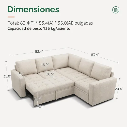 Vista 2 de HONBAY Sofá cama modular modular con cama extraíble, sofá en forma de L con asiento de almacenamiento, sofás seccionales para sala de estar, beige