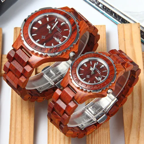 Vista 3 de Bewell ZS-100B - Reloj de cuarzo de madera para parejas para hombres y mujeres hecho a mano ligero con fecha a la moda rojo sándalo Red Sandalwood