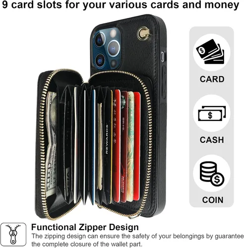 Vista 4 de Bocasal - Funda tipo cartera con múltiples ranuras para iPhone 13 Pro, color negro RFID Blocking PU Leather Purse Case with Card Holder, Handbag