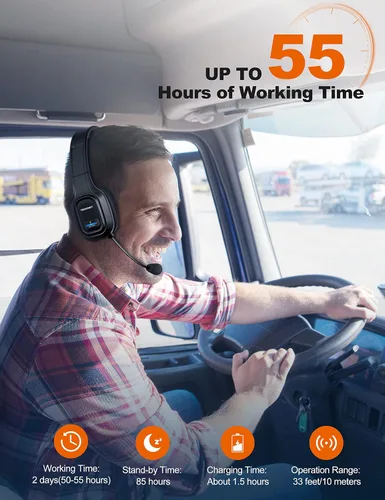 Vista 6 de TECKNET Auriculares Bluetooth para camionero, auriculares Bluetooth con micrófono AI cancelación de ruido inalámbricos en la oreja, auriculares
