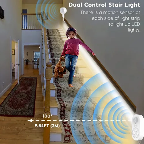 Vista 2 de Luces de Escalera con Doble Sensor para Interiores, Tira de Luz para Escalones Activada por Movimiento Enchufable para Interiores con Atenuador