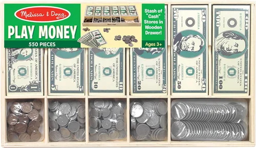 Vista 3 de Melissa & Doug - Juego de dinero educativo con billetes de papel y monedas de plástico (50 de cada denominación) y cajón de efectivo de madera