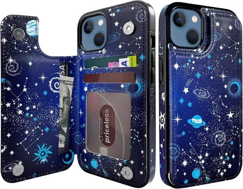 Vista 9 de Funda tipo cartera para iPhone 13 y 14 con soporte para tarjetas, funda trasera de piel sintética, con ranuras para tarjetas, doble cierre