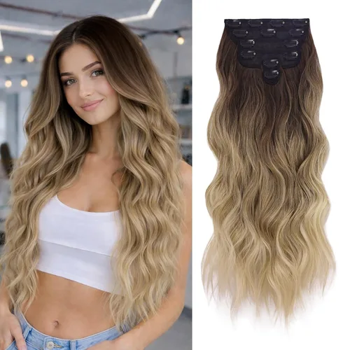 Vista 7 de NAYOO - Extensiones de cabello con clip, extensiones sintéticas onduladas de 20 pulgadas, 6 unidades Wavy Curly Hair, Full Head Coverage, Heat