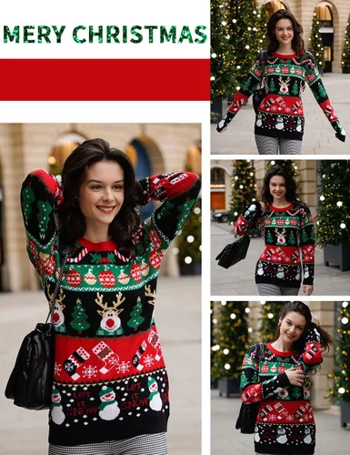 Vista 6 de v28 - Suéteres feos de Navidad variados, para mujer, suéter de punto con diseño de reno feliz