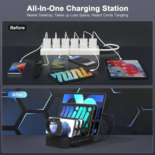 Vista 5 de MSTJRY Estación de carga rápida USB C de 90 W y 6 puertos para múltiples dispositivos, estación de carga PD múltiple para iPhone, iPad, tableta
