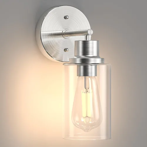 Vista 26 de Juego de 2 apliques de pared, lámparas de baño cableadas, iluminación de pared moderna para tocador de baño con pantalla de vidrio transparente