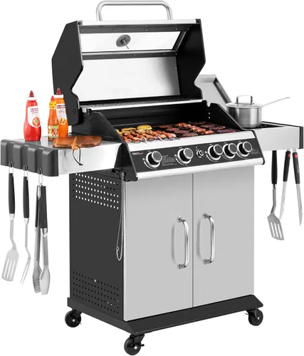 Vista 10 de SG5003H - Parrilla de gas de 4 quemadores con quemador lateral con tapa, parrilla de gas propano estilo gabinete, salida de 49,000 BTU para patio al