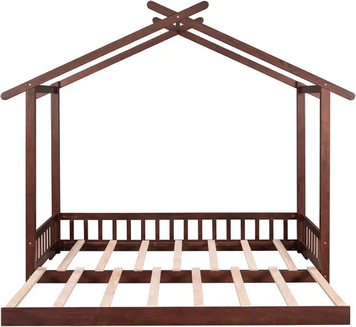 Vista 4 de Marco de cama de madera de tamaño individual con cama extragrande extensible, plataforma de suelo con techo y barandilla en forma de valla,