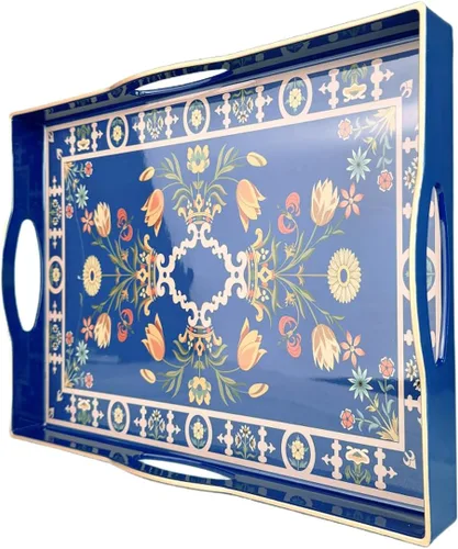Vista 23 de Bandeja de servir azul con 4 asas, bandeja decorativa de plástico para mesa de café, otomana - Ideal para sala de estar y baño. 15 x 11 x 1.9