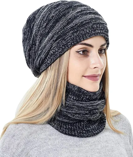 Vista 2 de Conjunto de gorro y bufanda para mujer de punto cálido gorro de esquí de invierno con forro polar