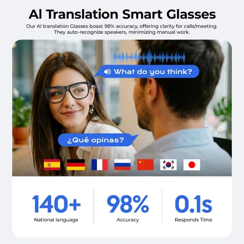 Vista 2 de Lentes inteligentes de traducción Bluetooth AI, lentes inteligentes con más de 140 idiomas traducción en línea y lente de cambio de color, micrófono