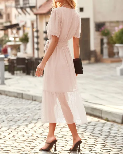 Vista 5 de BTFBM Vestido midi bohemio de verano para mujer, manga corta, cuello en V, lunares suizos, cinturón, cintura alta, volantes, escalonado, vestido