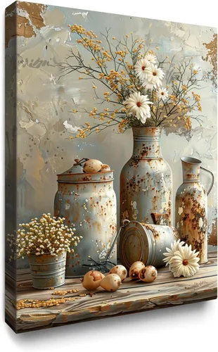 Vista 12 de gaosoul Arte de Pared de Lienzo de Granja Pintura de Campo Francés con Ramo de Lavanda Mariposas Fondo de Madera Envejecida Póster Floral Enmarcado