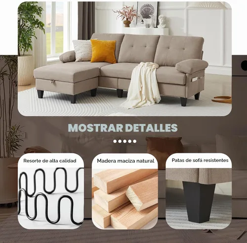 Vista 3 de Sofá modular convertible de 84 pulgadas, moderno sofá pequeño en forma de L de tela de lino con diván reversible, sofá de 3 asientos para sala