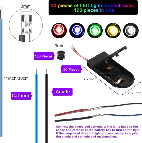 Vista 2 de Riakrum Kit de 220 luces LED de 12 V, 100 diodos emisores precableados, con 100 soportes de plástico, 20 soportes de batería