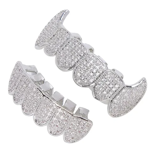 Vista 8 de Rejillas de dientes de cobre chapado en frío, oro plateado, dientes de diamante helados para hombres y mujeres rapero traje dientes joyería