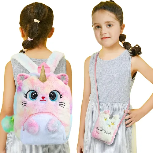 Vista 4 de Juego de 2 mochilas de unicornio para gatos, juego de 2 bolsas de hombro Kawaii para niños y niñas pequeñas, Rosado, Lindo