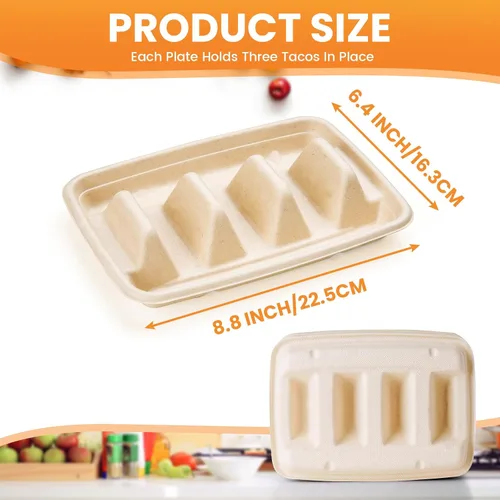 Vista 6 de 25 soportes desechables para tacos para fiestas, platos de taco de fibra de pulpa de bagazo con 3 divisores, soporte para bandeja de tacos