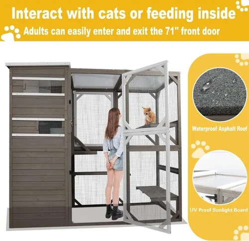 Vista 4 de Gowoodhut Catio grandes recintos para exteriores – Casa de madera para gatos resistente a la intemperie con múltiples plataformas y techo resistente