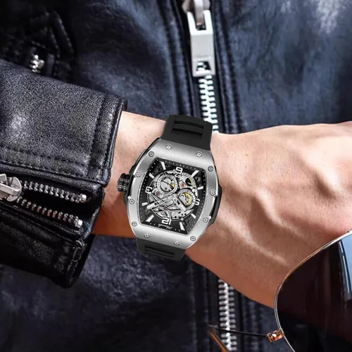 Vista 3 de HEMUDU Tonneau - Reloj mecánico automático para hombre, esqueleto de lujo, 50M, impermeable, ajustable, correa de silicona, reloj de negocios