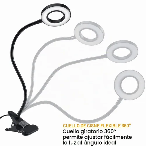 Vista 3 de Luces de lectura con clip de 48 LED, lámpara de escritorio con 3 modos de color y 10 brillo regulable, 360° flexible de cuello de cisne