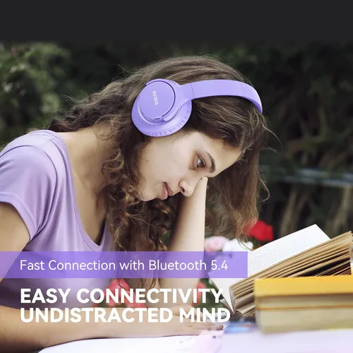 Vista 2 de KVIDIO Auriculares Bluetooth, auriculares inalámbricos con micrófono, tiempo de funcionamiento de 65 horas, auriculares sobre la oreja