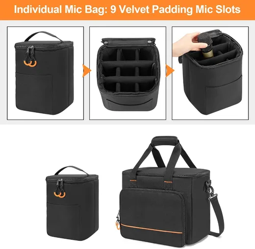 Vista 2 de PGmoon Funda de micrófono inalámbrico con 9 ranuras, bolsa de viaje para sistema de micrófono de mano, funda de transporte para cantar, karaoke
