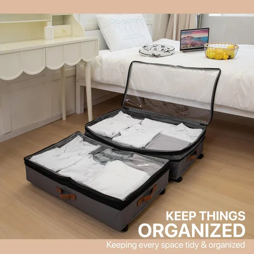 Vista 3 de Almacenamiento expandible debajo de la cama con ruedas, paquete de 2 – Almacenamiento grande debajo de la cama y armario – Contenedores