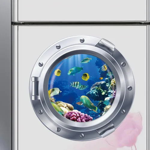 Vista 2 de DNVEN Calcomanías de pared de ojo de buey tropical, mar azul profundo bajo el mar, calcomanías decorativas para despegar y pegar, murales