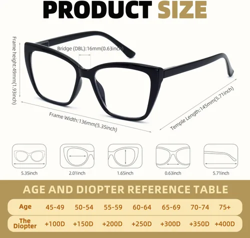 Vista 5 de HIGHLIKE 3-Pack Reading Glasses for Women Stylish Cat-Eye Spring Hinge Clear Lenses Readers Anti Eyestrain