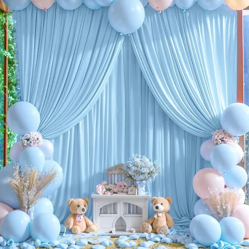 Vista 11 de Cortinas de fondo azul bebé de 10 x 9 pies sin arrugas para fiestas, cortinas de tela gruesa para fotos, para bodas, cumpleaños, baby shower