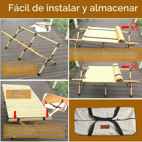 Vista 5 de Mesa plegable portátil, mesa de bambú de 4 pies para acampar al aire libre, mesa de picnic baja para sentarse en el suelo, mesa plegable de playa