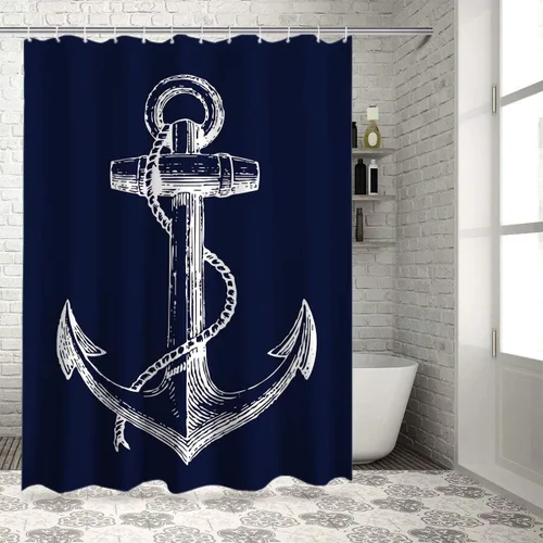 Vista 5 de Cortina de ducha náutica personalizada con ancla azul marino, 70 x 72 pulgadas